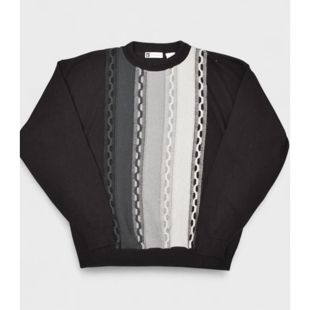Bachrach Sweater Mens XL Black Crewneck Striped Cable Knit Pullover Made in USA